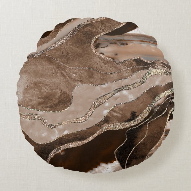 Brown Marble Agate Gold Glitter Glam #1 Round Pillow (Front)