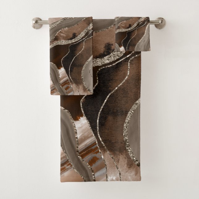 Brown Marble Agate Gold Glitter Glam #2  Bath Towel Set (Insitu)