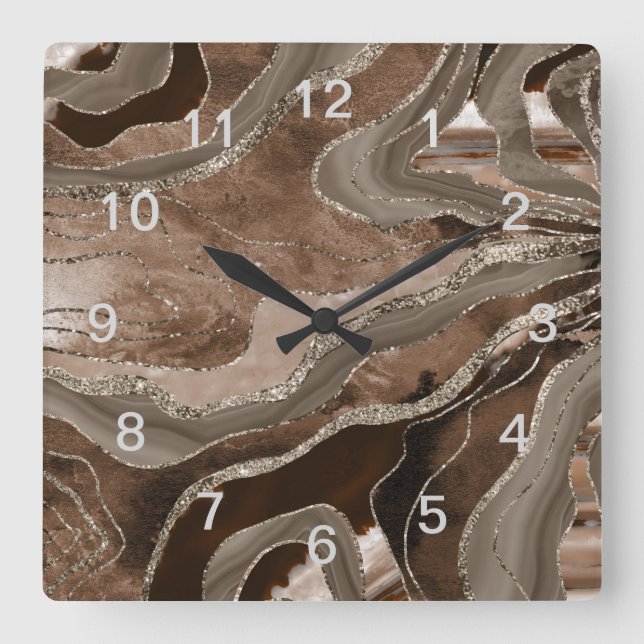 Brown Marble Agate Gold Glitter Glam #2 Square Wall Clock (Front)