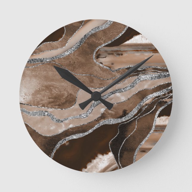 Brown Marble Agate Silver Glitter Glam #1  Round Clock (Front)
