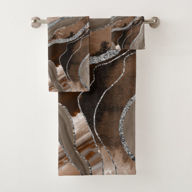 Brown Marble Agate Silver Glitter Glam #2   Bath Towel Set (Insitu)
