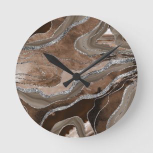 Brown Marble Agate Silver Glitter Glam #2 Round Clock
