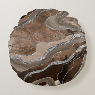 Brown Marble Agate Silver Glitter Glam #2   Round Pillow