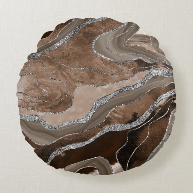 Brown Marble Agate Silver Glitter Glam #2   Round Pillow (Front)