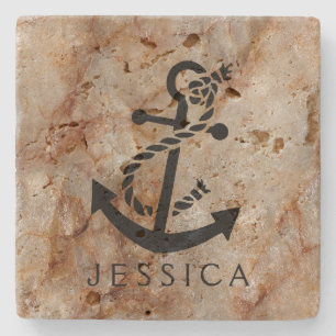 Brown Marble And Black Nautical Boat Anchor Stone Coaster
