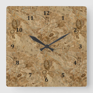 Brown Marble Fossil Look Square Wall Clock