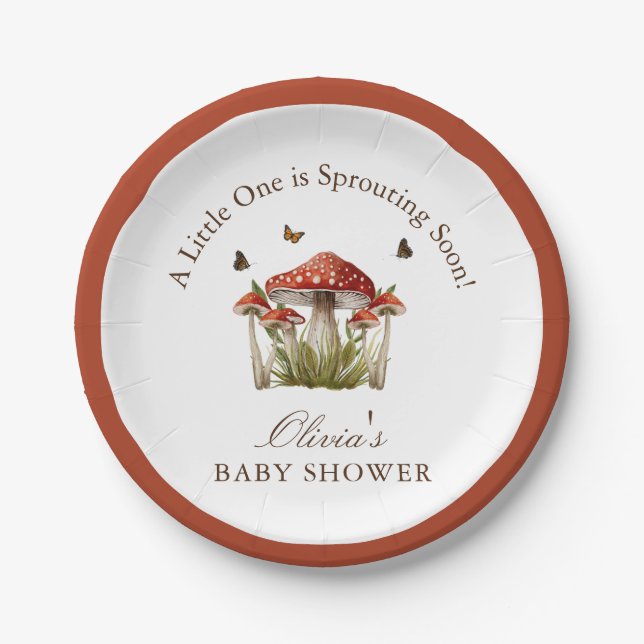 Brown Maroon Mushroom Butterfly Theme Baby Shower Paper Plate (Front)