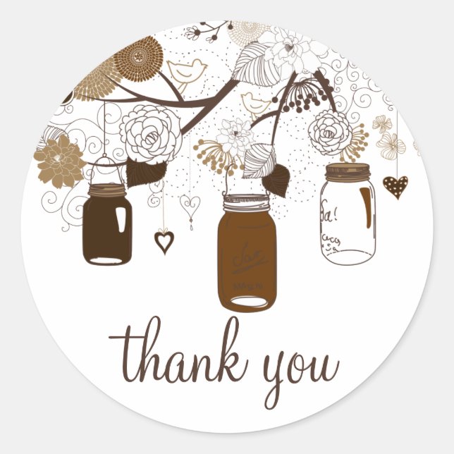 Brown Mason Jars & Flowers Fall Thank You Sticker (Front)