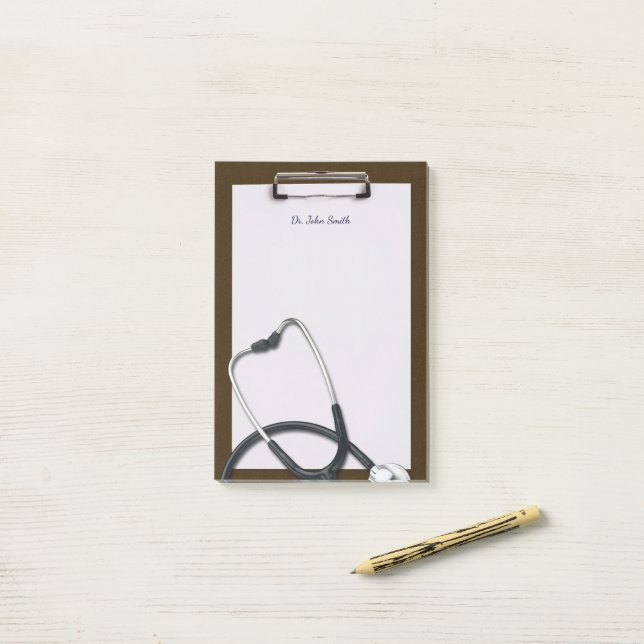 Brown Medical Clipboard with Stethoscope Post-it Notes (On Desk)