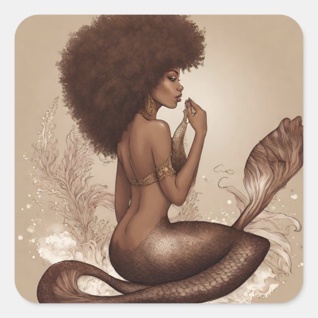 Brown Mermaid Afro Art Print Square Sticker (Front)