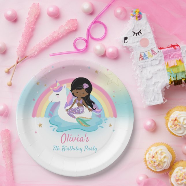 Brown Mermaid and Unicorn Pool Birthday Party  Paper Plate (Party)