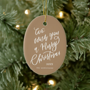 Brown Merry Christmas Hand Lettering Photo Ceramic Ornament