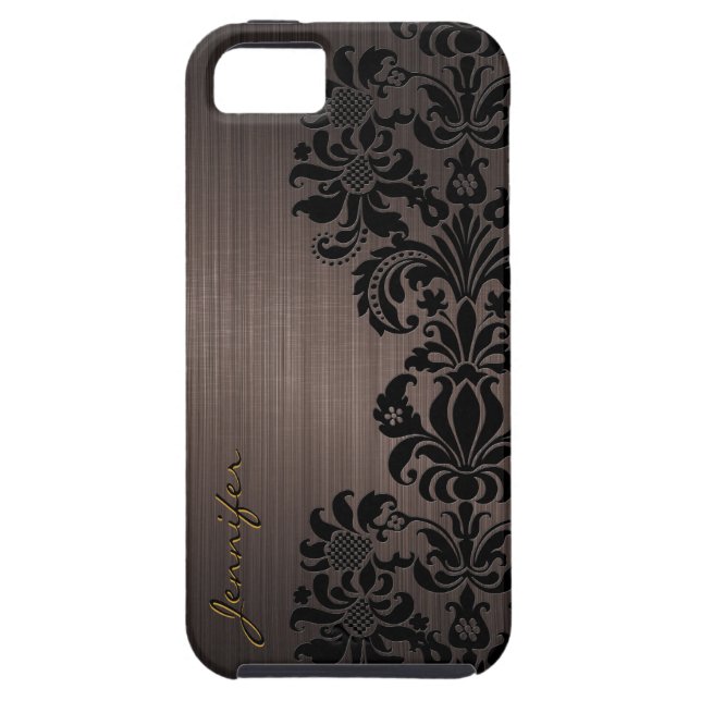 Brown Metallic Brushed Aluminum & Floral Damasks Case-Mate iPhone Case (Back)