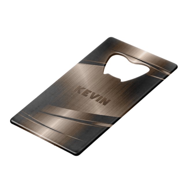 Brown Metallic Brushed Aluminum Look Credit Card Bottle Opener (Front Angled)