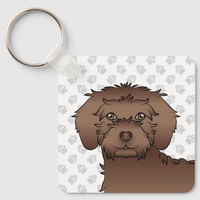 Brown Mini Goldendoodle Cartoon Dog & Name Keychain (Front)