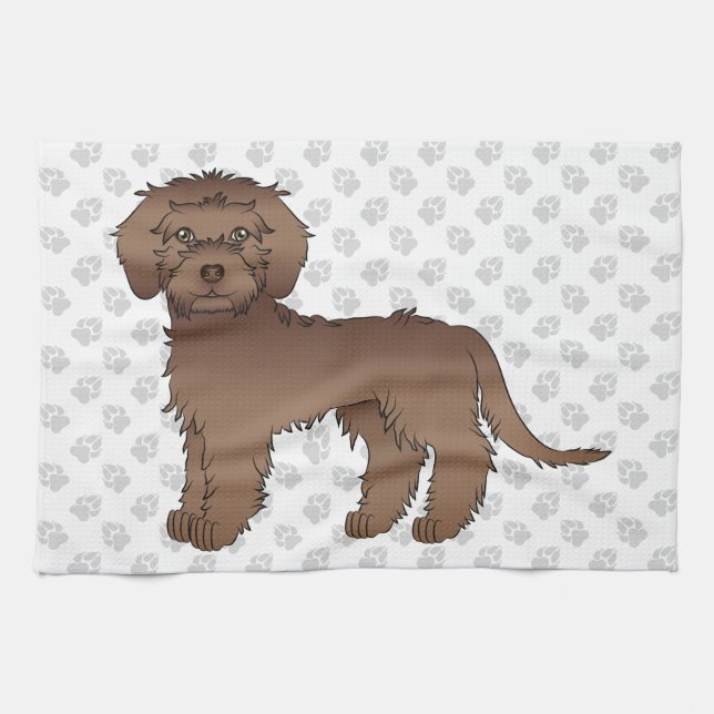 Brown Mini Goldendoodle Cute Cartoon Dog & Paws Kitchen Towel (Horizontal)