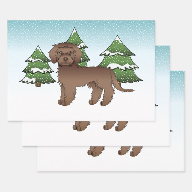 Brown Mini Goldendoodle Dog In A Winter Forest Wrapping Paper Sheet (Set)