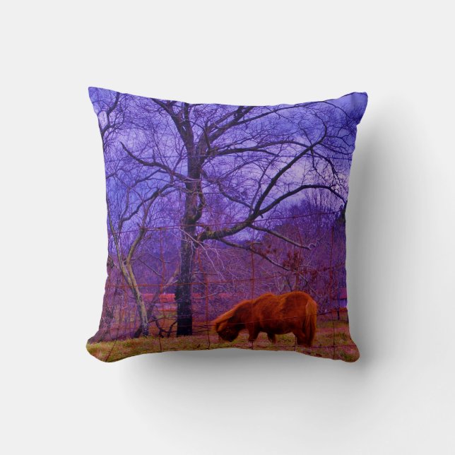 Brown miniature Horse, Purple sky Throw Pillow (Front)