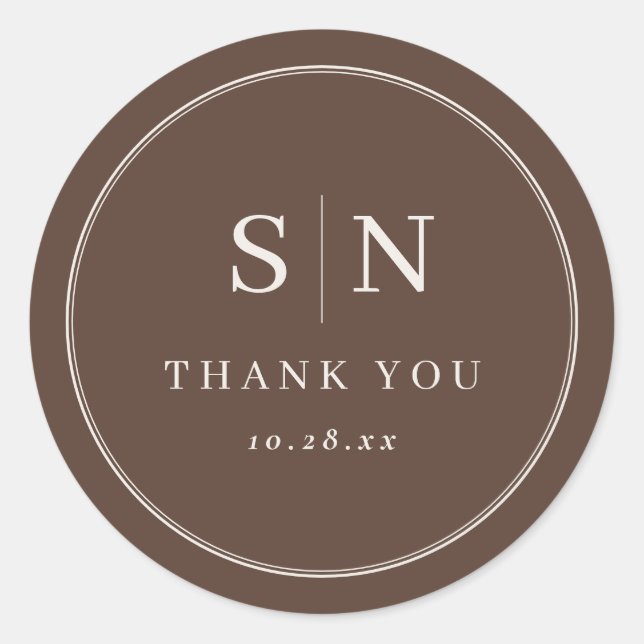 Brown Minimal and Chic | Wedding Initial Classic Round Sticker (Front)