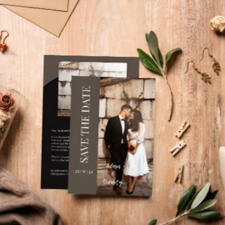 Brown Minimalist Black Photo Personalized Wedding Invitation