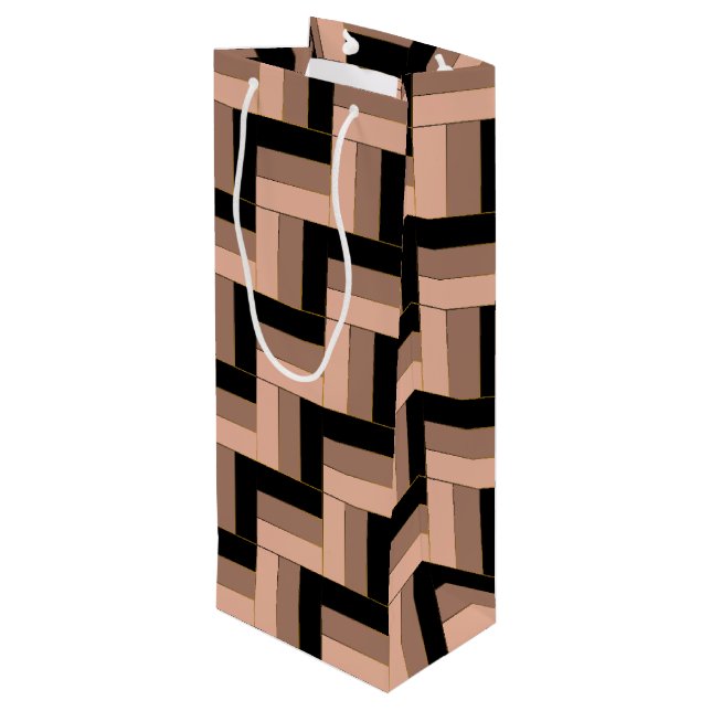 Brown Mocha Black Geometric Rectangles Wine Gift Bag (Back Angled)