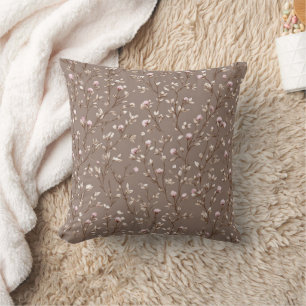 Brown Mocha Cottagecore Neutral Florals Throw Pillow
