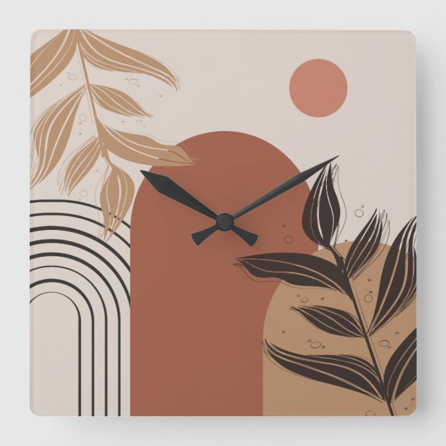 Brown Modern Boho Abstract Botanical Square Clock (Front)