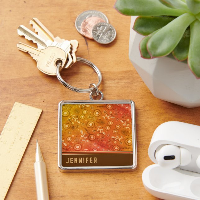 Brown Modern Floral Custom NameContact  Keychain (Desk)