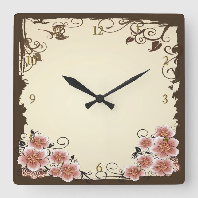 Brown Modern Flower Square Wall Clock (Front)
