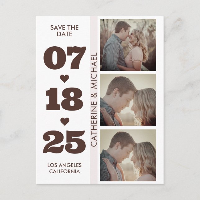 Brown Modern Minimalist Bold Date Three Photo  Postcard (Front)