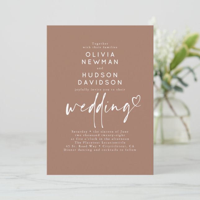 Brown Modern Minimalist Heart Typography Wedding Invitation (Standing Front)