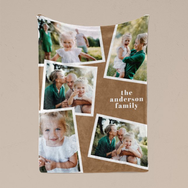Brown modern multi photo family home decor gift fleece blanket (Creator Uploaded)