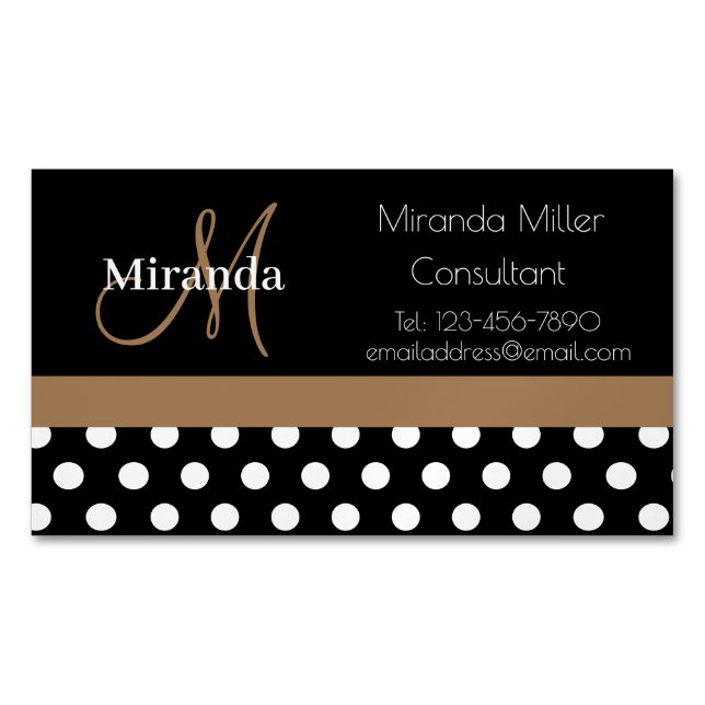  Brown Monogram Black White Polka Dot Magnetic Business Card (Front)