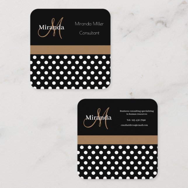 Brown Monogram Black White Polka Dot Square Business Card (Front/Back)