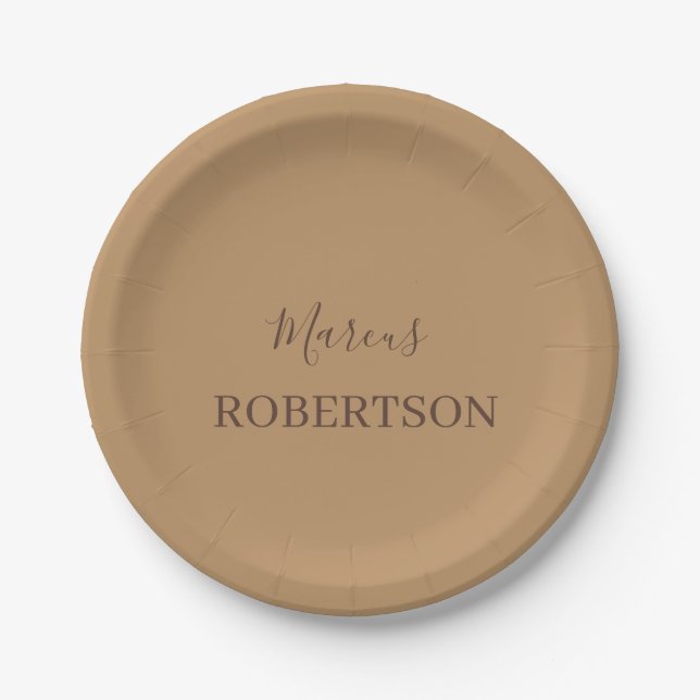 Brown monogram calligraphy minimalist professional paper plate (Front)