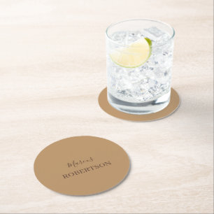 Brown monogram calligraphy minimalist professional round paper coaster