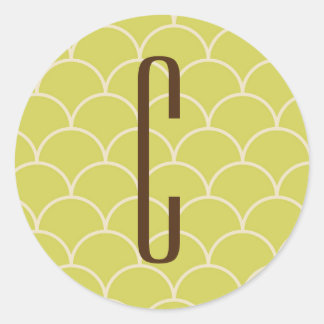 Brown Monogram on Retro Green Pattern Classic Round Sticker
