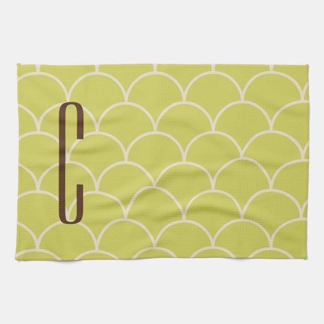 Brown Monogram on Retro Green Pattern Kitchen Towel (Horizontal)