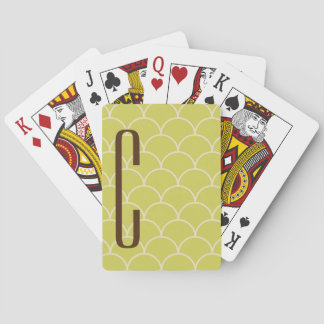 Brown Monogram on Retro Green Pattern Playing Cards