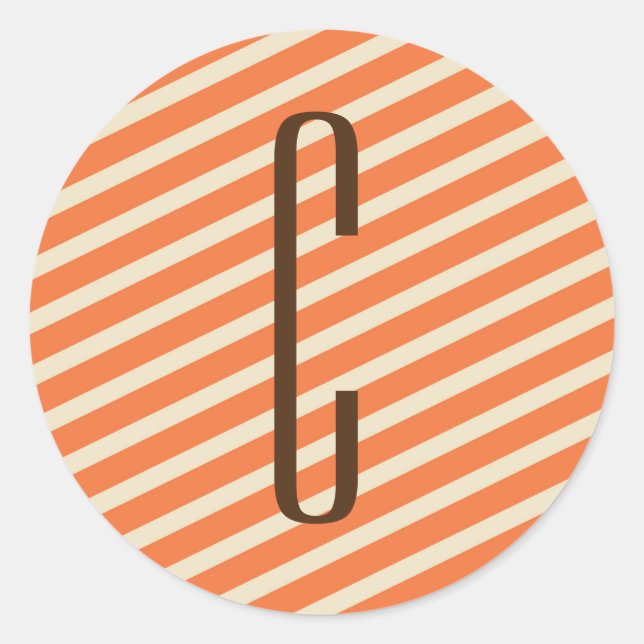 Brown Monogram on Retro Orange Diagonal Stripes Classic Round Sticker (Front)