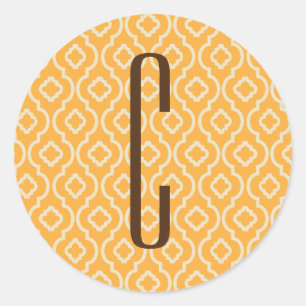 Brown Monogram on Retro Orange Pattern Classic Round Sticker
