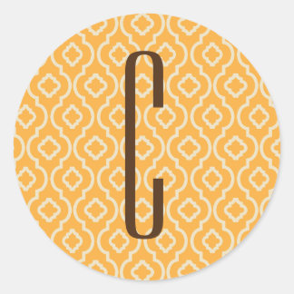 Brown Monogram on Retro Orange Pattern Classic Round Sticker