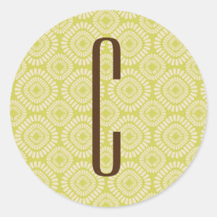 Brown Monogram on Retro Sage Green Pattern Classic Round Sticker