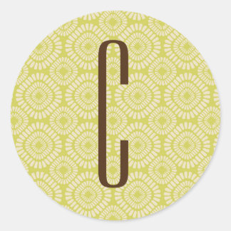 Brown Monogram on Retro Sage Green Pattern Classic Round Sticker