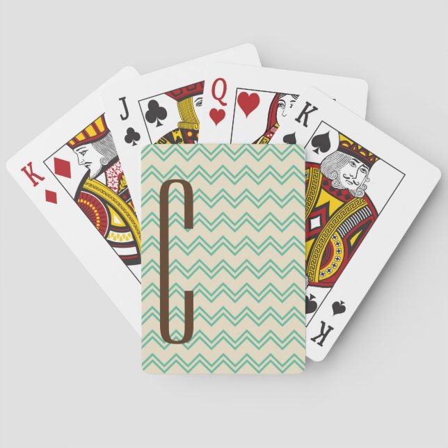 Brown Monogram on Turquoise Green Chevron Pattern Playing Cards (Back)