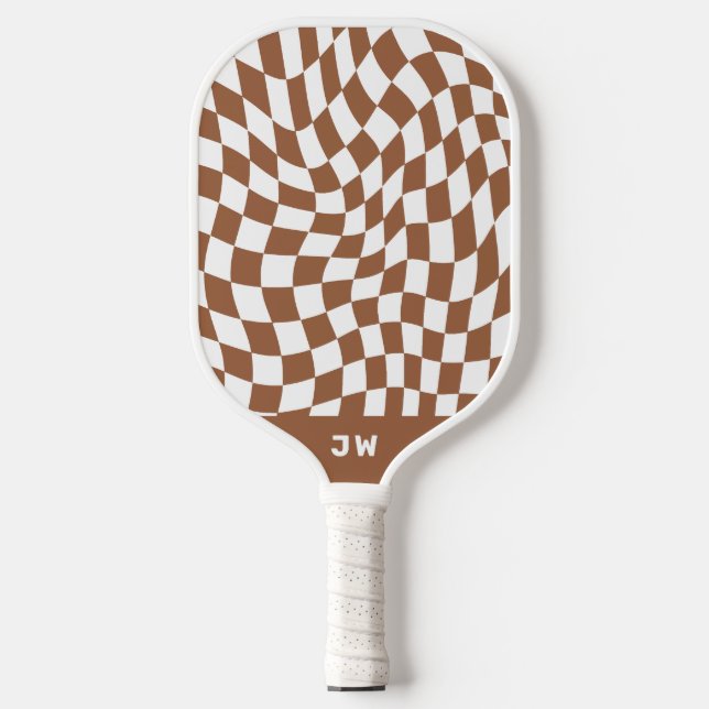 Brown Monogram Vintage Wavy Chequered Chequerboard Pickleball Paddle (Front)