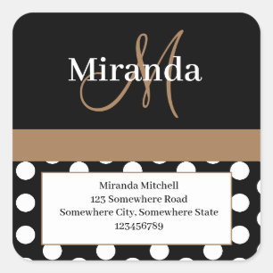 Brown Monogram White Polka Dot Return Address Square Sticker