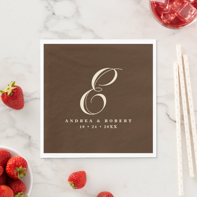 Brown Monogrammed Wedding Napkins with Name (Insitu)