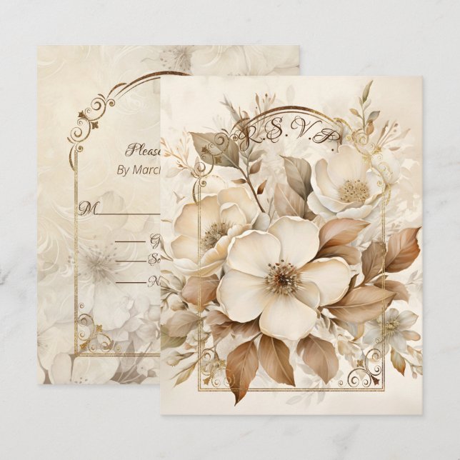 Brown Monotone and White Roses Gold Frame RSVP Card (Front/Back)