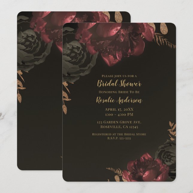Brown Moody Dark Floral Gold Greenery Bridal Invitation (Front/Back)